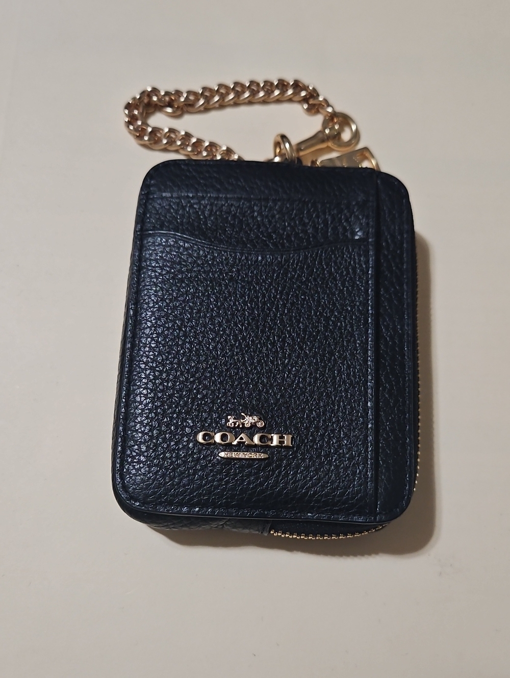 Coach Black Pebbled Leather Card Case with Gold Chain